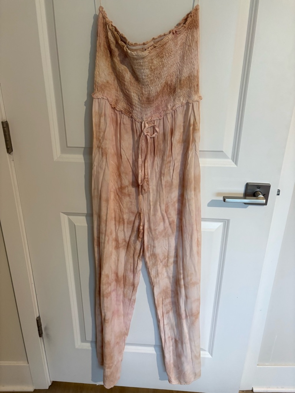 Kiwi Strapless Tie-Dye Jumpsuit in Blush Peach and Cream